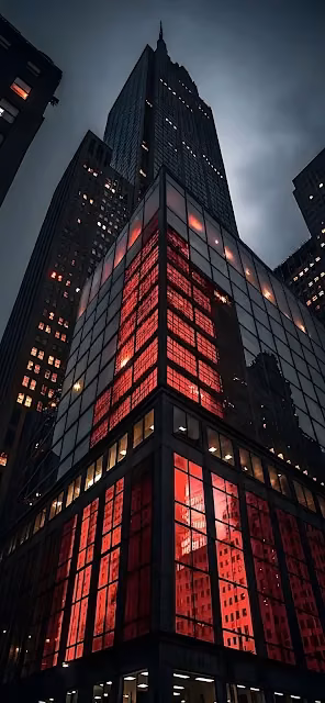 Dramatic Red Reflection on Modern Glass Skyscraper at Night - Free 4K & 8K Mobile Wallpaper