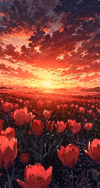 Dramatic Red Tulip Field Sunset Anime Illustration - Free 4K & 8K Mobile Wallpaper