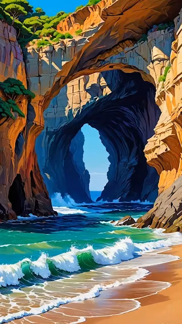 Dramatic Sea Cave Arch Over Turquoise Waves and Beach - Free 4K & 8K Mobile Wallpaper