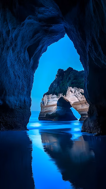 Dramatic Sea Cave View of Coastal Rock Arch Reflection - Free 4K & 8K Mobile Wallpaper