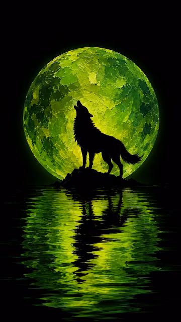 Dramatic Silhouette of Wolf Howling at a Green Sun - Free 4K & 8K Mobile Wallpaper