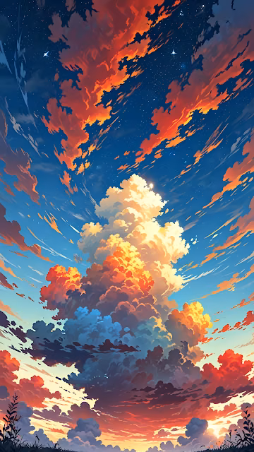 Dramatic Sunset Sky with Fiery Clouds and Twinkling Stars - Free 4K & 8K Mobile Wallpaper