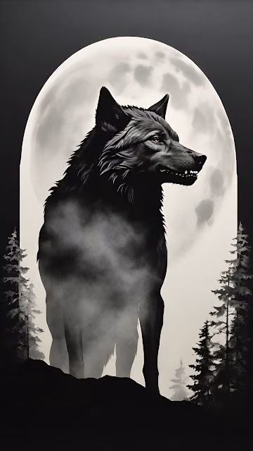 Dramatic Wolf Silhouette Against Full Moon Monochrome Art - Free 4K & 8K Mobile Wallpaper