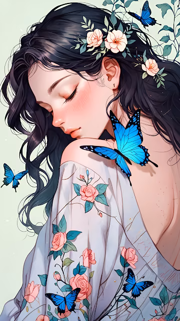 Dreamy Woman with Blue Butterflies and Floral Crown - Free 4K & 8K Mobile Wallpaper