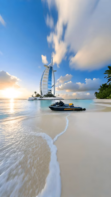 Dubai Luxury Beach Sunset with Jet Ski and Burj Al Arab - Free 4K & 8K Mobile Wallpaper