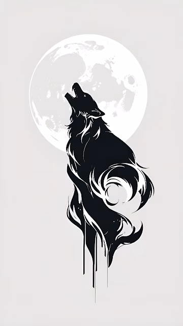 Dynamic Abstract Wolf Illustration, Flowing Black Ink and Pale Moon - Free 4K & 8K Mobile Wallpaper