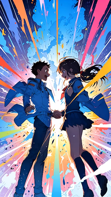 Dynamic Anime Couple Handshake Explosive Rainbow Burst Art - Free 4K & 8K Mobile Wallpaper