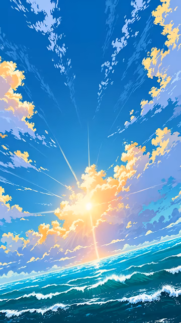 Dynamic Anime Ocean Sunrise Sky with Crashing Turquoise Waves - Free 4K & 8K Mobile Wallpaper