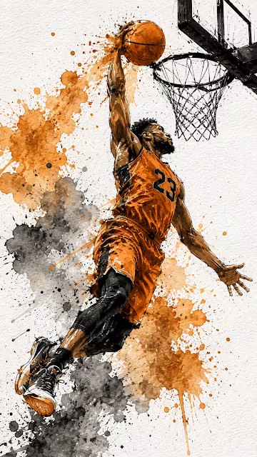 Dynamic Basketball Dunk Ink and Watercolor Illustration - Free 4K & 8K Mobile Wallpaper