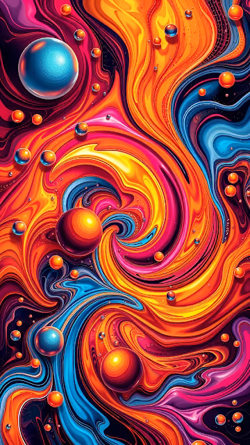 Dynamic Swirling Abstract Fluid Art with Glossy Spheres - Free 4K & 8K Mobile Wallpaper