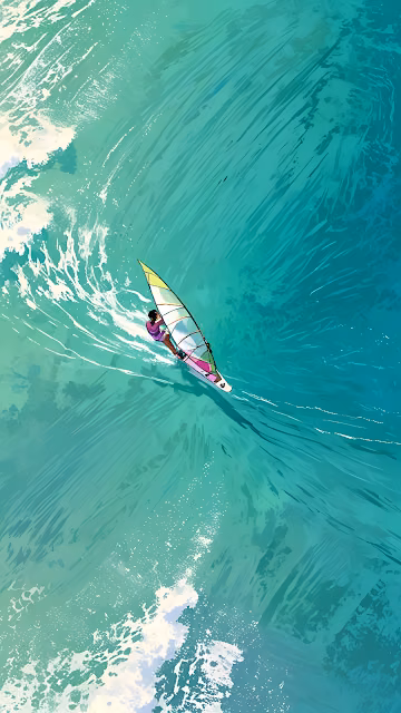 Dynamic Windsurfing Illustration on Teal Ocean Waves - Free 4K & 8K Mobile Wallpaper