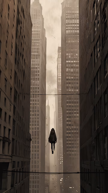 Dystopian City Skyscraper Tightrope Walker Art - Free 4K & 8K Mobile Wallpaper