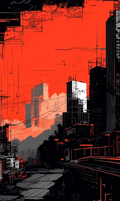 Dystopian Cityscape Illustration in Stark Red and Black - Free 4K & 8K Mobile Wallpaper