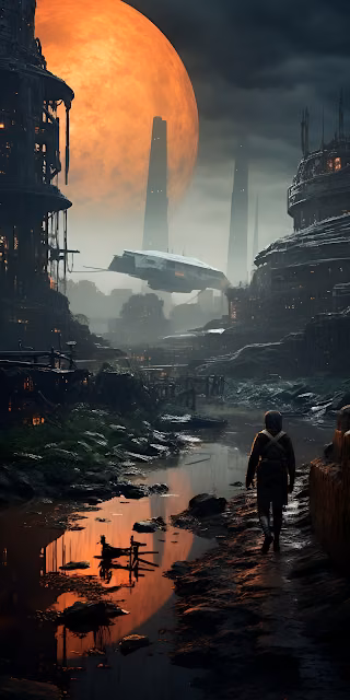 Dystopian Cityscape Under Orange Moon and Spaceship - Free 4K & 8K Mobile Wallpaper