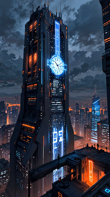 Dystopian Clock Tower Skyscraper with Neon Blue Accents - Free 4K & 8K Mobile Wallpaper