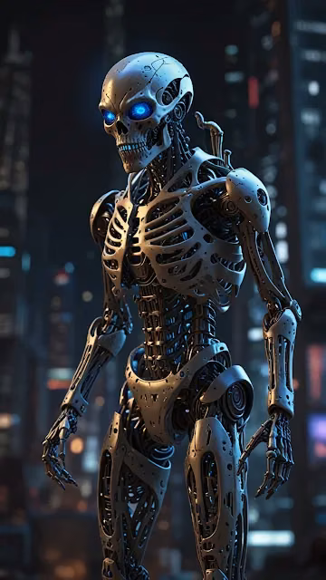 Dystopian Cybernetic Skeleton Endoskeleton in City Night - Free 4K & 8K Mobile Wallpaper