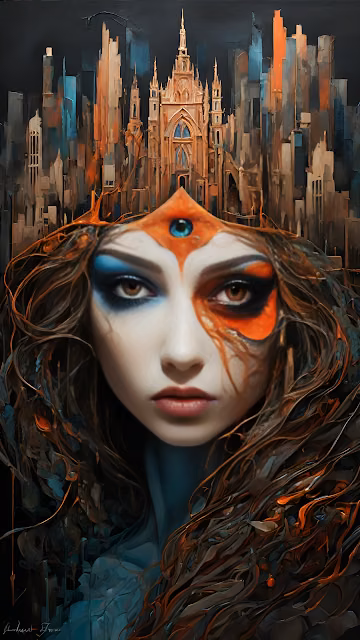 Dystopian Goddess Portrait Over Crumbling Fantasy Cityscape - Free 4K & 8K Mobile Wallpaper