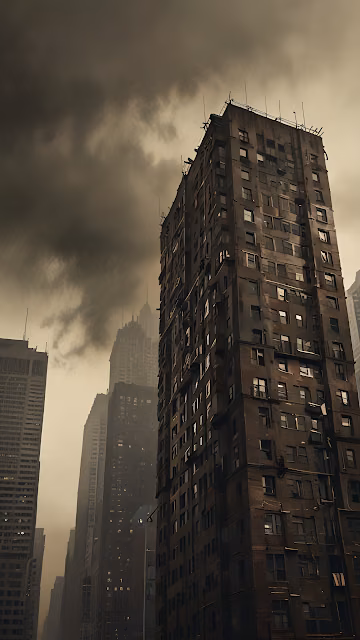 Dystopian Gritty Skyscraper Under Stormy Sepia Sky - Free 4K & 8K Mobile Wallpaper