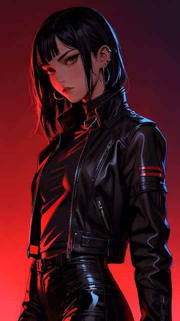 Edgy Anime Girl Portrait Black Leather Red Neon Lighting - Free 4K & 8K Mobile Wallpaper