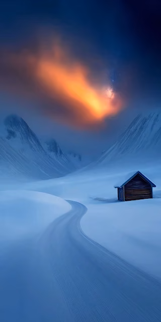 Eerie Arctic Valley with Orange Aurora and Cabin - Free 4K & 8K Mobile Wallpaper