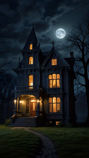 Eerie Gothic Mansion Under Full Moon Night Sky - Free 4K & 8K Mobile Wallpaper