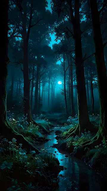 Eerie Moonlight Stream in a Mystical Teal Forest - Free 4K & 8K Mobile Wallpaper