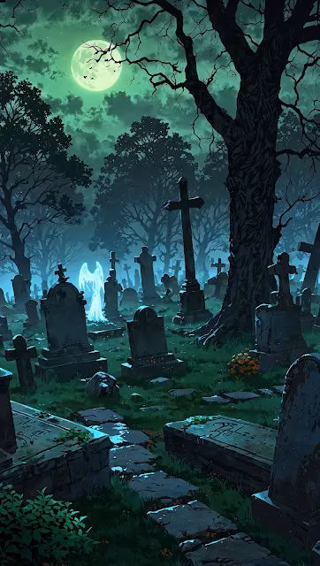 Eerie Moonlit Cemetery with Ghostly Angel Under Twisted Trees - Free 4K & 8K Mobile Wallpaper