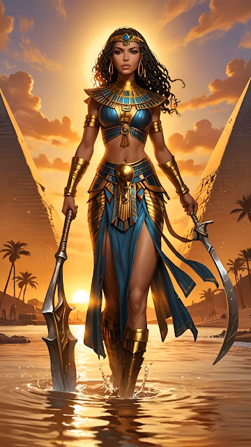 Egyptian Warrior Goddess at Sunset with Twin Blades - Free 4K & 8K Mobile Wallpaper