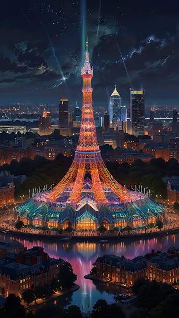 Eiffel Tower glows with neon lights over Paris at night - Free 4K & 8K Mobile Wallpaper