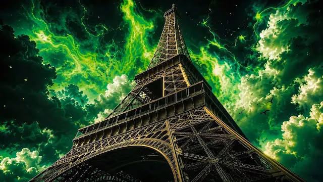 Surreal green lightning coils through storm clouds above the base of the Eiffel Tower. Low angle view of the Eiffel Tower base rising toward a dark sky filled with green lightning and clouds.