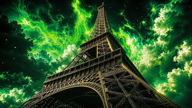 Surreal green lightning coils through storm clouds above the base of the Eiffel Tower. Low angle view of the Eiffel Tower base rising toward a dark sky filled with green lightning and clouds.