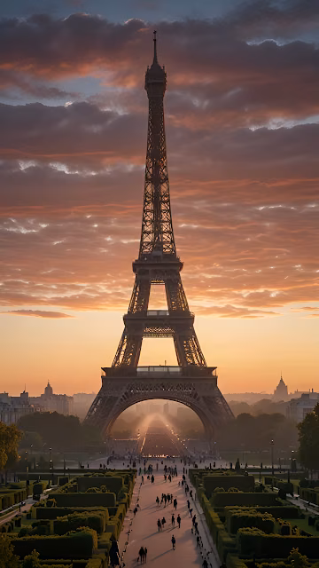 Eiffel Tower at Sunset with Golden Sky and Garden Path - Free 4K & 8K Mobile Wallpaper