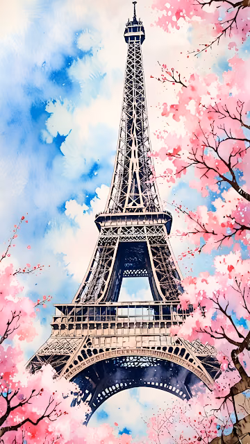 Eiffel Tower Watercolor Pink Cherry Blossom Paris Art - Free 4K & 8K Mobile Wallpaper