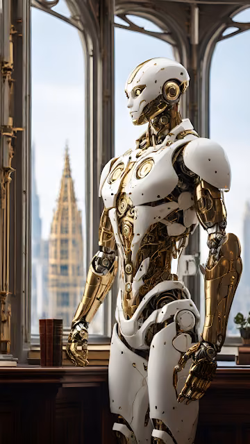 Elegant Android Portrait Against Golden City Spire View - Free 4K & 8K Mobile Wallpaper