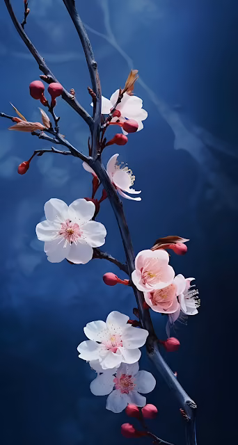 Elegant Cherry Blossoms on Indigo Branch - Moody Floral Art - Free 4K & 8K Mobile Wallpaper