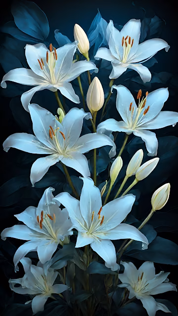 Elegant white lilies bloom against deep blue shadowed leaves - Free 4K & 8K Mobile Wallpaper