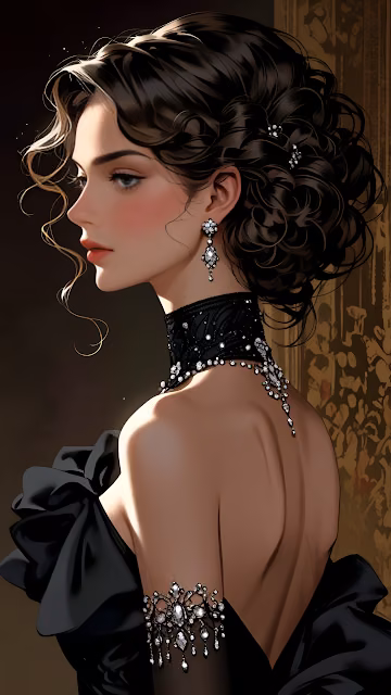 Elegant Woman in Black Gown with Diamond Jewelry in Profile - Free 4K & 8K Mobile Wallpaper