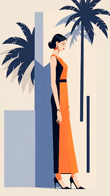 Elegant Woman in Orange Dress, Art Deco Tropical Fashion Art - Free 4K & 8K Mobile Wallpaper