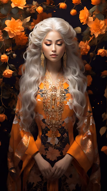 Elegant Woman in Ornate Orange Gown Amidst Blooming Flowers - Free 4K & 8K Mobile Wallpaper