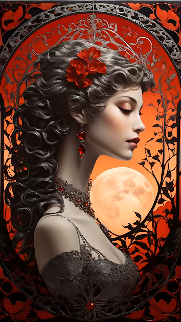 Elegant Woman with Red Flowers and Moon in Gothic Frame - Free 4K & 8K Mobile Wallpaper