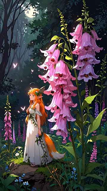 Elf girl in white dress admires giant pink flowers in moonlit forest - Free 4K & 8K Mobile Wallpaper