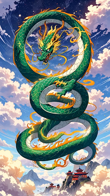 Emerald Celestial Dragon Coiled Above Mountain Temples - Free 4K & 8K Mobile Wallpaper