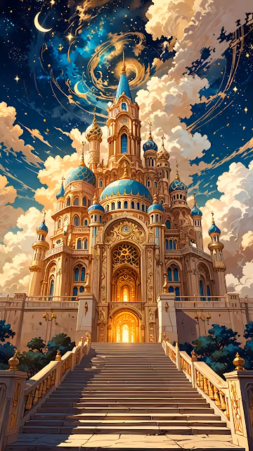 Enchanted Castle Gateway Under Cosmic Starry Sky - Free 4K & 8K Mobile Wallpaper