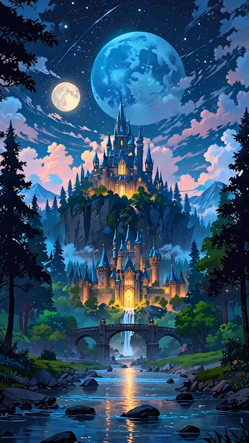 Enchanted castle glows under giant moon in starry forest - Free 4K & 8K Mobile Wallpaper