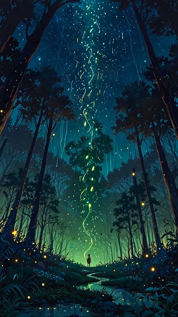 Enchanted Forest Night with Glowing Firefly Trails - Free 4K & 8K Mobile Wallpaper