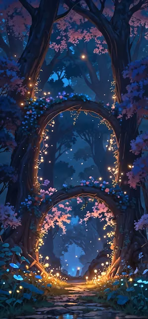 Enchanted Forest Path with Glowing Flower Arches - Free 4K & 8K Mobile Wallpaper