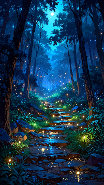 Enchanted Forest Path Glowing with Fireflies Under Moonlight - Free 4K & 8K Mobile Wallpaper