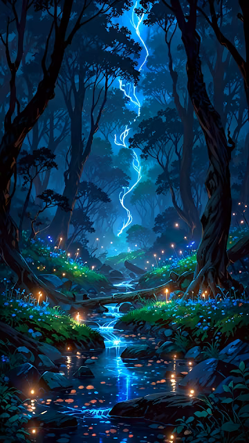 Enchanted Forest Stream Glowing Magic Lightning - Free 4K & 8K Mobile Wallpaper