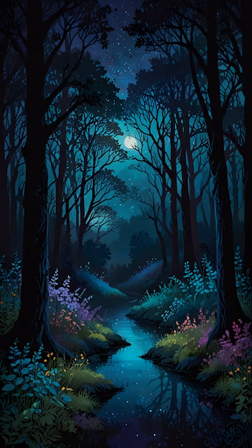 Enchanted Forest Stream Moonlight Illustration - Free 4K & 8K Mobile Wallpaper