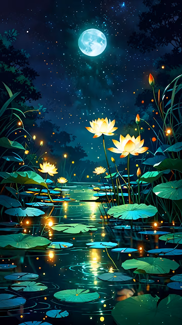 Enchanted Lotus Pond Under Starry Night and Turquoise Moon - Free 4K & 8K Mobile Wallpaper